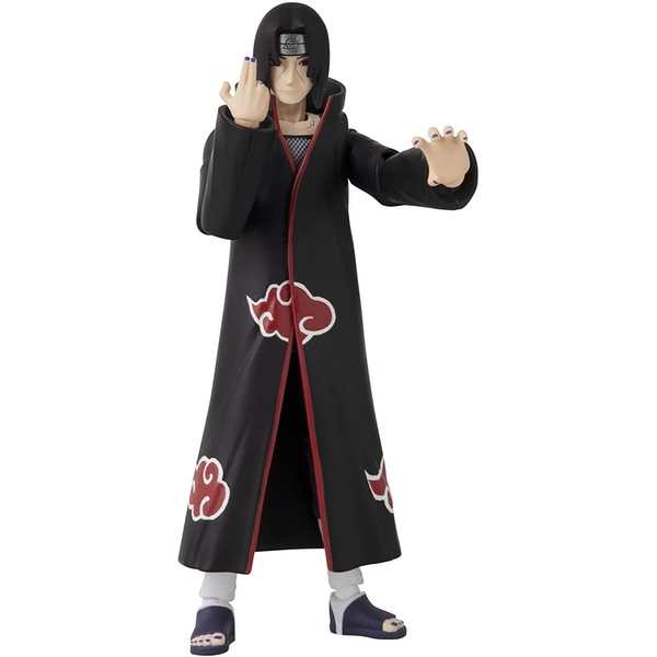Uchiha Itachi action figure from Naruto, featuring a detailed black cloak with red cloud patterns, a serious expression, and posed with one hand raised and the other in a defensive stance.