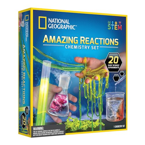 Brightly colored box featuring the "National Geographic Amazing Reactions Chemistry Set," showcasing glass beakers with colorful liquids and vibrant green slime, emphasizing STEM learning.