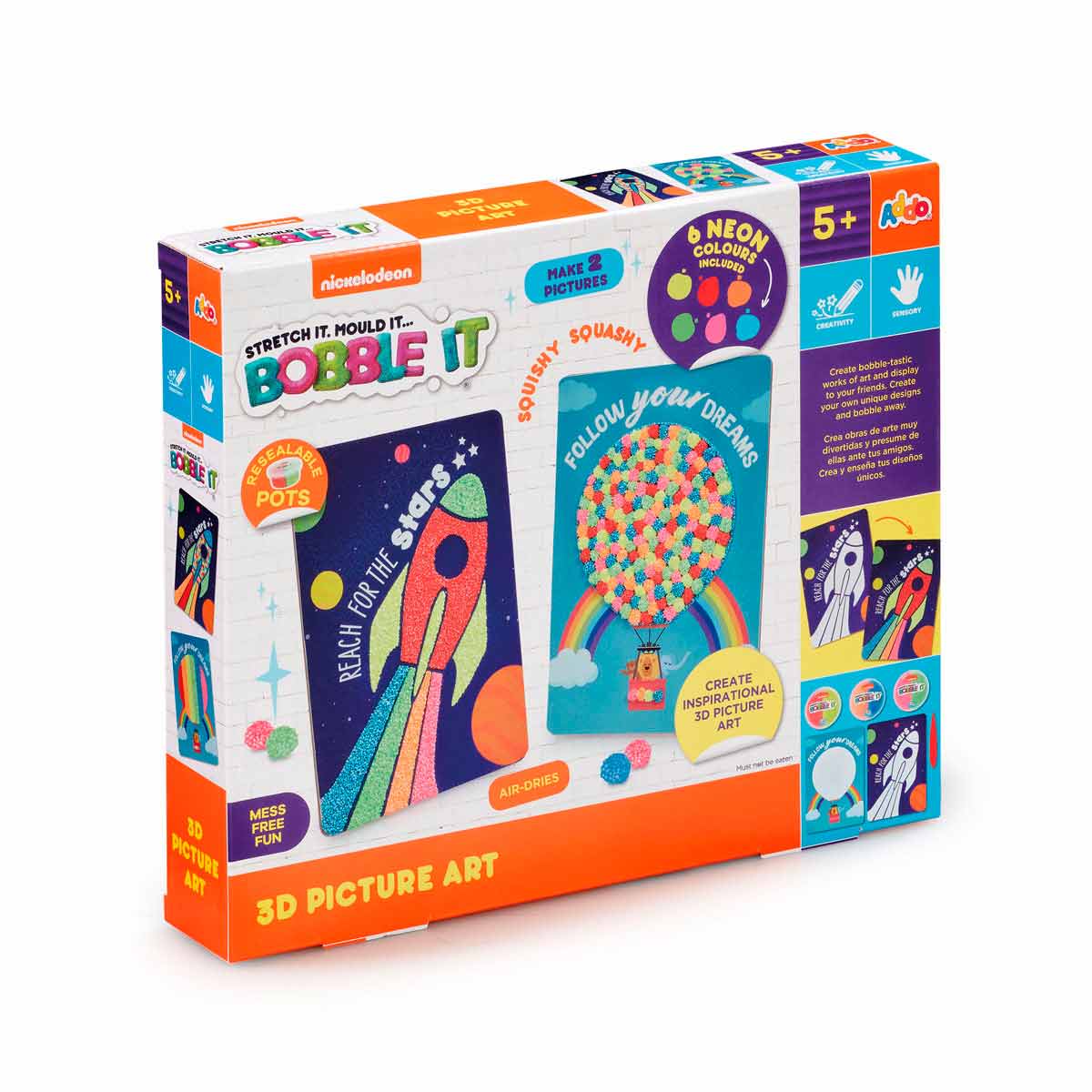 Colorful box set featuring the "Nickelodeon Bobble It 3D Picture Art Craft Set" with vibrant illustrations of rockets and balloons, including four pots of squishy, neon craft material.