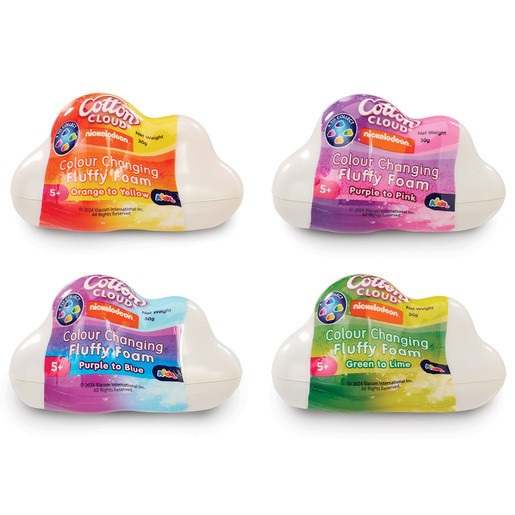 Four fluffy foam containers in cloud shapes, featuring vibrant colors: orange to yellow, purple to pink, and green to lime, with a playful Nickelodeon logo.