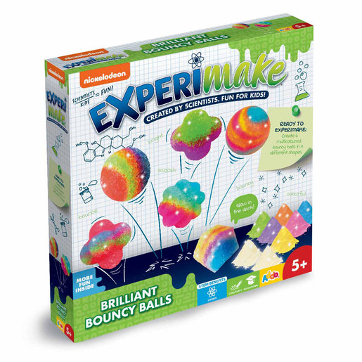 Colorful box featuring the Nickelodeon Experimake Bouncing Balls Science Kit, showcasing vibrant bouncy balls and playful designs, with a science-themed background and age recommendation of 5+.