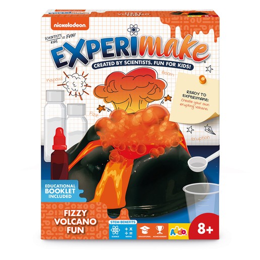 Colorful box featuring the "Nickelodeon Experimake Fizzy Volcano Fun Science Kit," with a volcano model, bubbling lava effect, and educational booklet, aimed at kids 8 and older.