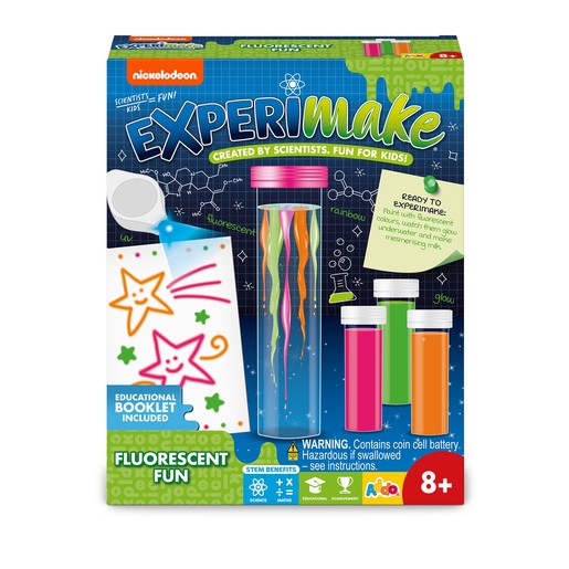 Colorful science kit featuring fluorescent tubes, vibrant liquid, and a star-decorated container, with an educational booklet included, designed for kids aged 8 and up.