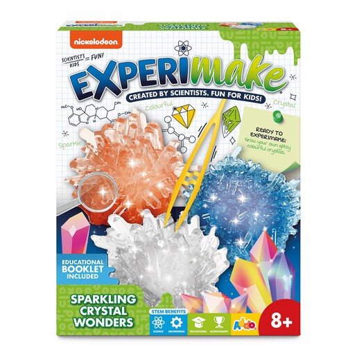Brightly colored box featuring the "Experimake Sparkling Crystal Wonders Science Kit" with orange, blue, and white crystal formations, educational booklet, and STEM benefits icons.