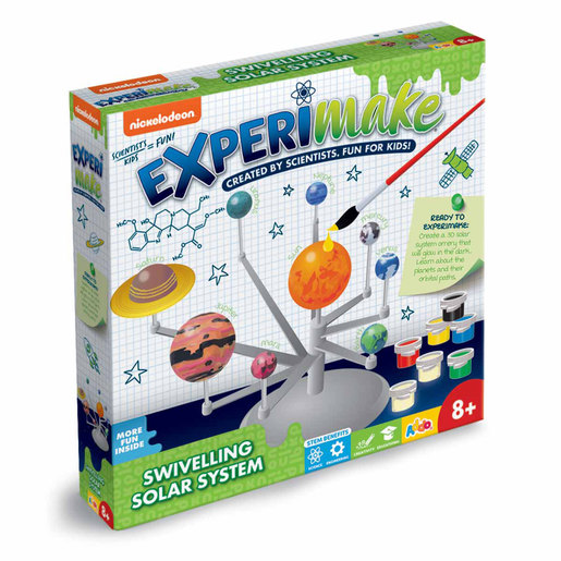 Colorful box featuring the Nickelodeon Experimake Swivelling Solar System Science Kit, showcasing planets, a rotating stand, and various paint pots, designed for kids aged 8 and up.