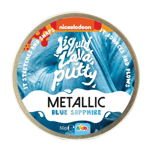 Metallic blue sapphire putty in a round container with a silver lid, featuring the Nickelodeon logo and text highlighting its stretchy and bouncy qualities.