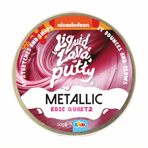 Nickelodeon Liquid Lava Putty in a metallic rose quartz color, packaged in a round container with playful text and a shiny finish, highlighting its stretchy and bouncy qualities.