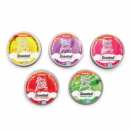 Five containers of Nickelodeon Liquid Lava Putty in various colors and scents, including pineapple, grape, watermelon, strawberry, and apple, with vibrant, playful packaging.