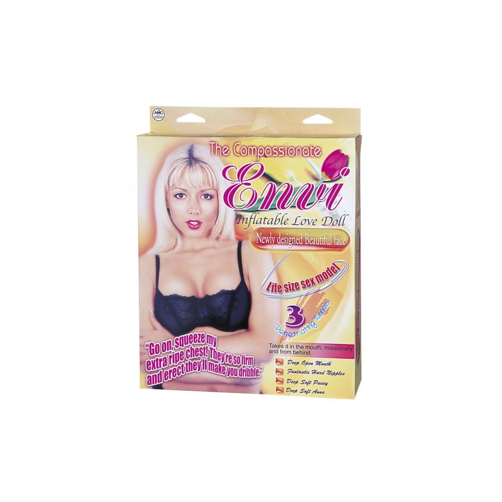 Brightly colored packaging featuring the "Envi Inflatable Doll" with a blonde, smiling woman in a black bra, highlighting key features and product details in bold text.