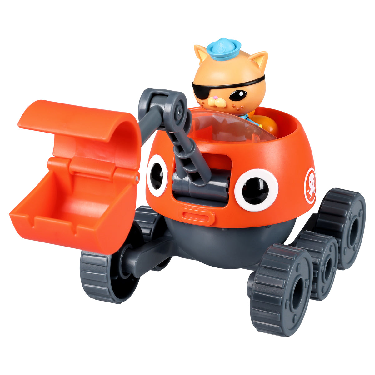 Bright orange and black vehicle with a scoop arm, featuring a Kwazii figure in a blue hat, designed for imaginative play with Octonauts themes.