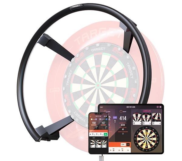 TARGET Omni Smart Dartboard features a sleek black frame with an auto scoring system, accompanied by a digital display on a tablet and smartphone showcasing scores and stats.