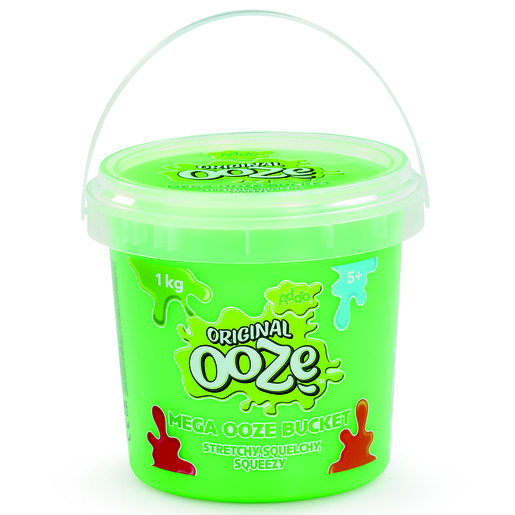 Bright green plastic bucket labeled "Original Ooze" with a playful logo, featuring a handle, containing 1 kg of stretchy, squelchy ooze, suitable for ages 5 and up.