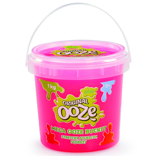Bright pink plastic bucket labeled "Original Ooze" with colorful splat designs, containing 1 kg of stretchy, squelchy ooze, and a clear handle for easy carrying.