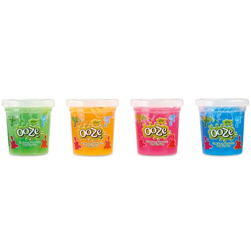 Four colorful slime pots in green, yellow, orange, and blue, each with a clear plastic lid, featuring playful ooze graphics on the containers.