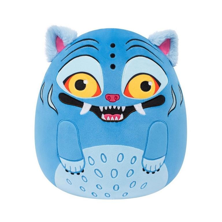 Blue plush Squishmallow with large yellow eyes, a wide grin, and fangs; features pink ears and a soft texture, resembling a cartoon demon character.