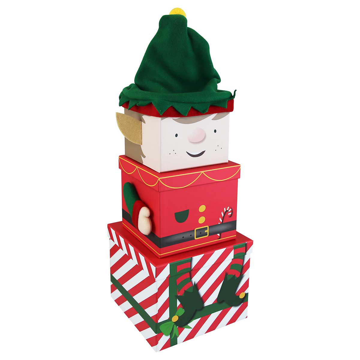 Three festive elf gift boxes stacked, featuring a green hat, red and white striped patterns, and playful elf designs with a cheerful face and candy cane details.