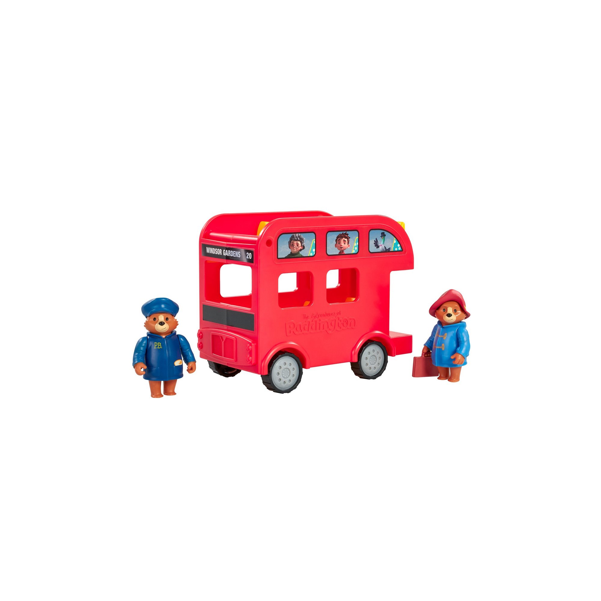 Bright red Paddington Play Bus toy with two figures in blue coats, featuring windows, wheels, and a sign that reads "Paddington."