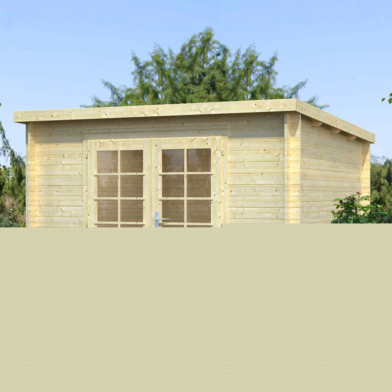 Light wood log cabin with a flat roof, featuring double doors with multiple windows, surrounded by greenery, measuring 3.2m x 3.2m, made from 28mm thick timber.