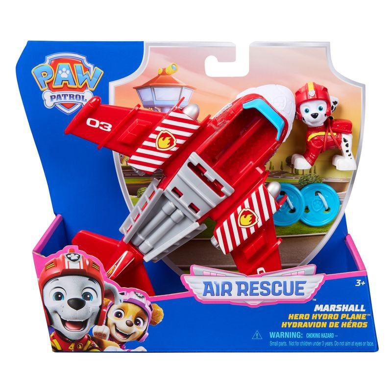 Red and white hydro airplane with a Marshall figure, featuring a propeller and rescue decals, set against a colorful Paw Patrol backdrop in a toy packaging.