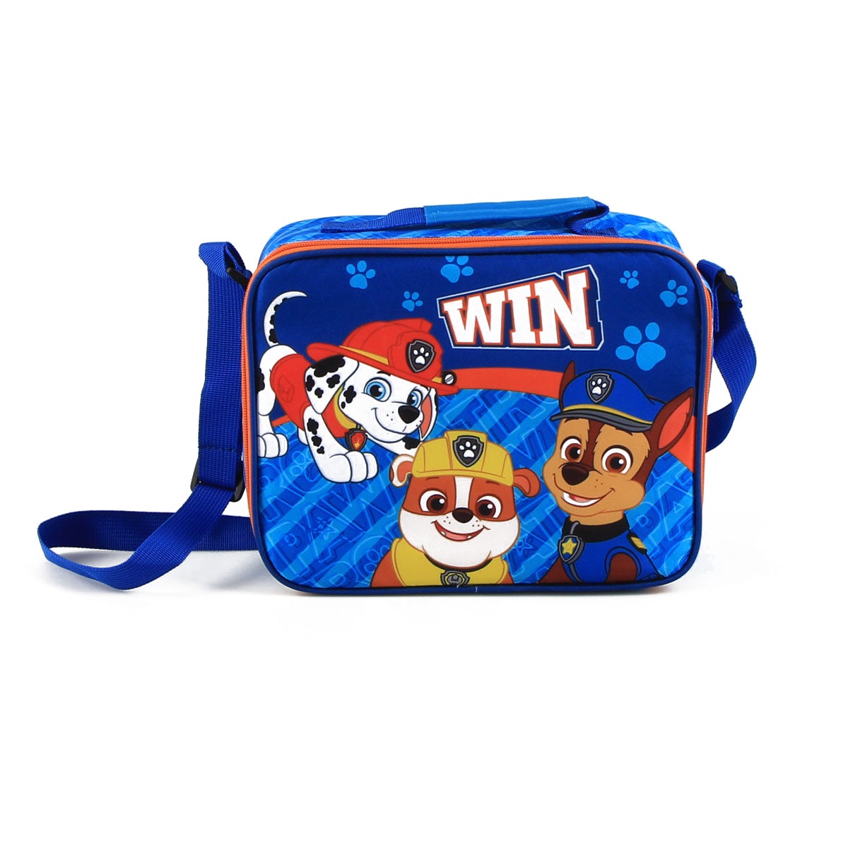 Blue Paw Patrol lunch bag featuring characters Marshall, Rubble, and Chase, with a "WIN" graphic, adjustable strap, and insulated material for food storage.