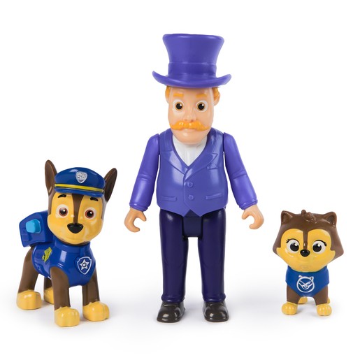 Chase, a brown and black police dog figure in a blue uniform, stands beside Mayor Humdinger, a man with a purple top hat and vest, and a small brown cat figure.