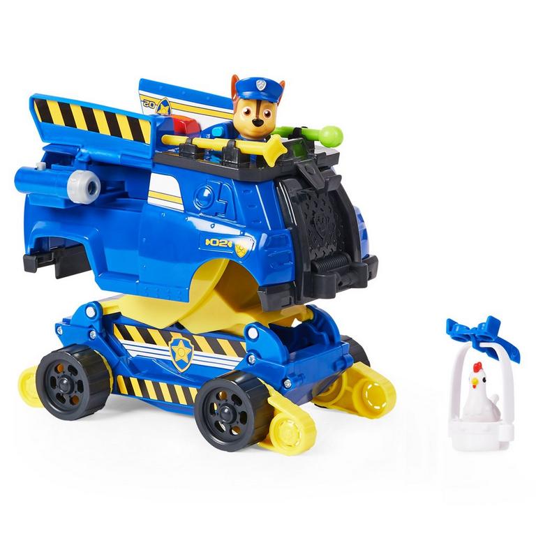 Chase's Rise and Rescue Vehicle features a blue and yellow design with a police dog figure, movable parts, and a detachable chicken accessory.