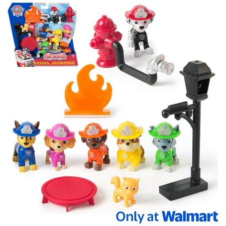 PAW Patrol Fire Rescue Mission Set featuring colorful plastic figures of Chase, Marshall, Skye, Rubble, Rocky, and Zuma, along with accessories like a fire hydrant, flames, and a lamp post.