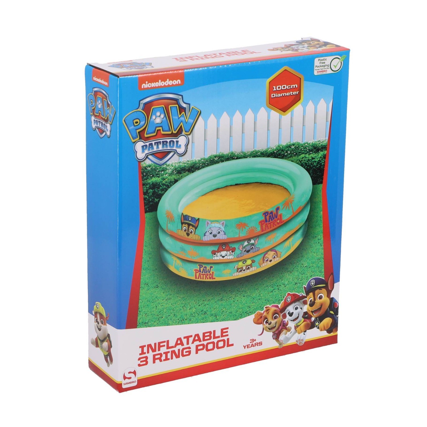 Inflatable 3-ring pool featuring a bright green design with Paw Patrol characters, measuring 100 cm in diameter, packaged in a colorful box with a white picket fence background.