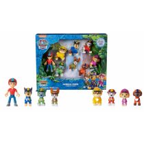Eight colorful collectible figures from Paw Patrol's Jungle Pups set, featuring various characters in vibrant outfits, packaged in a jungle-themed box with a blue background.