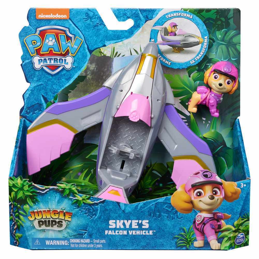 Skye's Jungle Pups vehicle features a purple and gray toy truck with a sleek design, accompanied by a collectible action figure of Skye in a pink outfit.