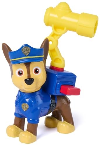 Chase figure from Paw Patrol, featuring a blue police uniform, brown fur, and a yellow launcher accessory on his back.