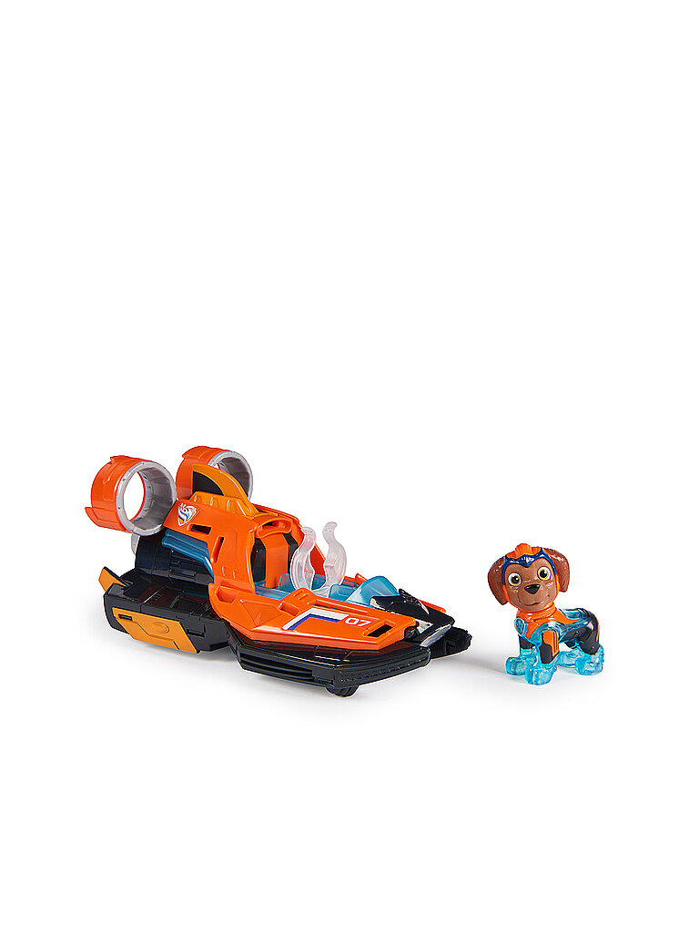 Orange hovercraft toy with black accents, featuring two large gray exhausts, alongside a blue and orange Zuma figure with a red cap.