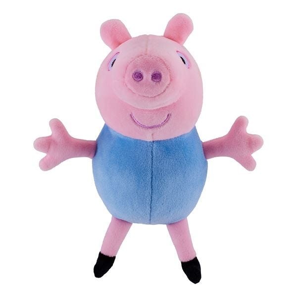 Collectable Peppa Pig soft toy, 15cm tall, featuring a pink pig with a round body, blue shirt, and black shoes, made of soft plush material.