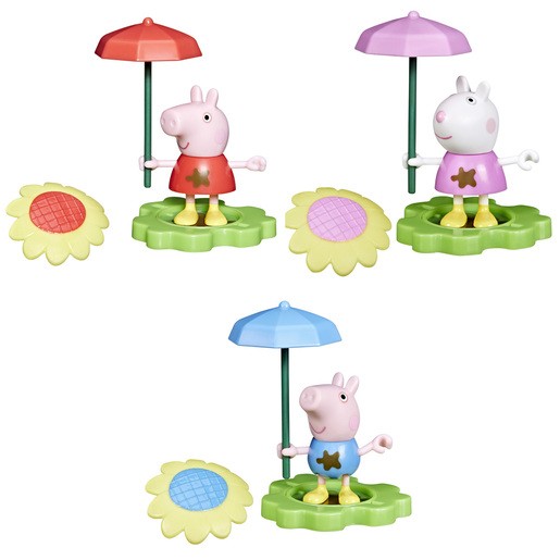 Muddy Puddle George figure features a smiling pig in a red shirt, holding a blue umbrella, with yellow flower bases and colorful puddles.