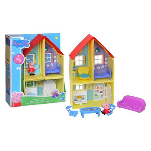 Peppa's Family House Playset features a multicolored two-story house with a red roof, furniture pieces, and Peppa Pig figures, all made of durable plastic.