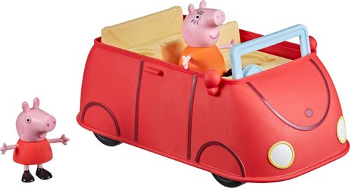 Bright red plastic car playset featuring Peppa Pig in an orange dress, with a yellow interior and blue steering wheel, accompanied by a small Peppa figure in a matching outfit.