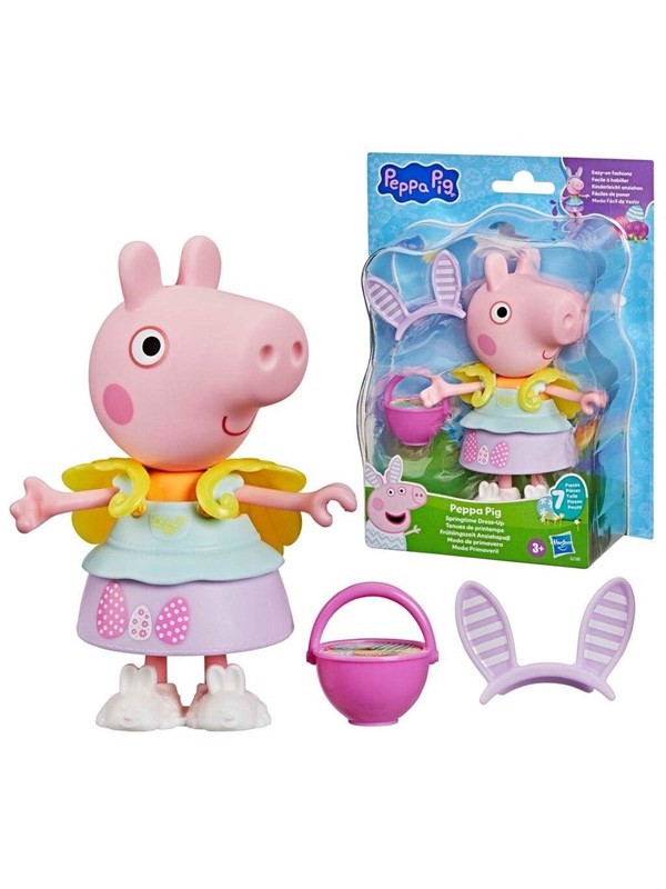 Peppa Pig figure dressed in a spring-themed outfit with a yellow butterfly cape, pink dress, and white shoes, accompanied by a basket and bunny ear accessories.