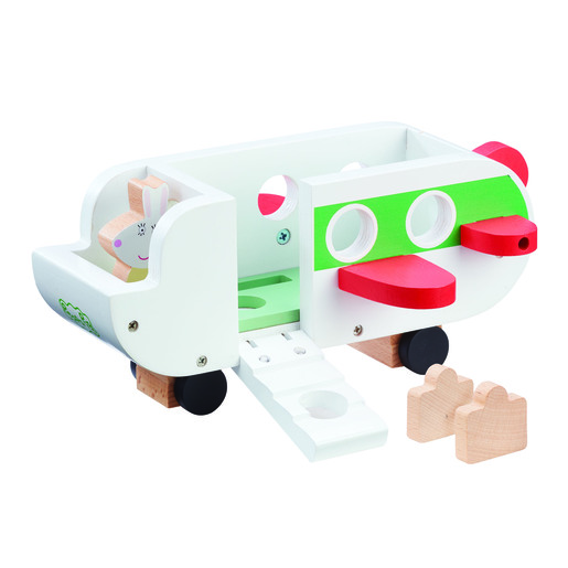 Wooden aeroplane toy featuring a white body with green and red accents, movable parts, and includes wooden animal figures, designed for imaginative play.