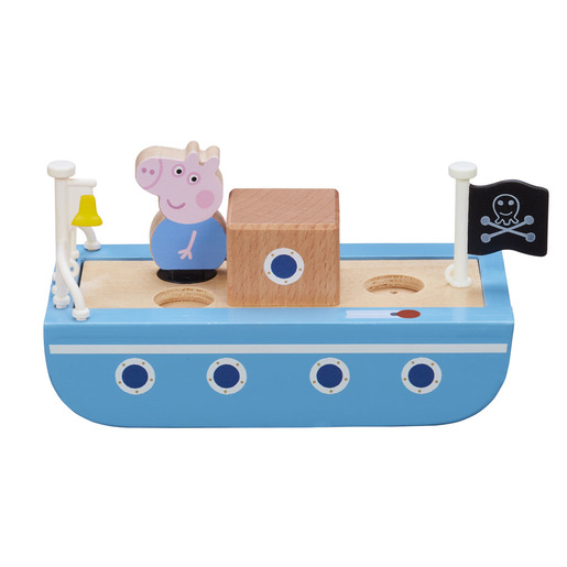 Colorful blue wooden boat playset featuring a Peppa Pig figure, a pirate flag, a bell, and a wooden block, designed for imaginative play.
