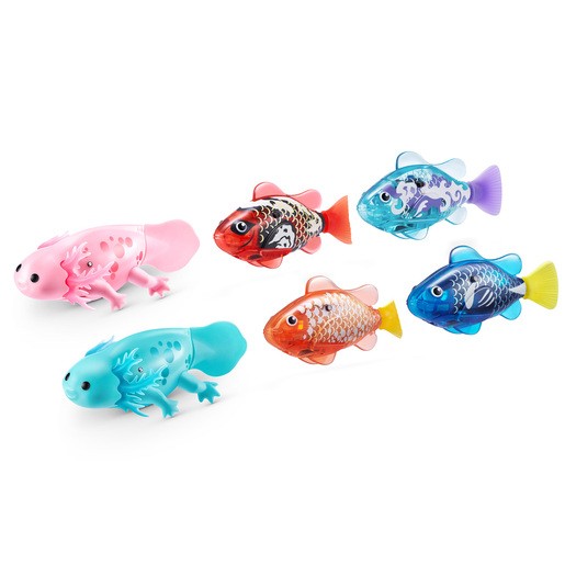Four colorful robotic axolotls and fish in pink, blue, orange, and red, featuring translucent bodies and intricate patterns, designed for interactive play.