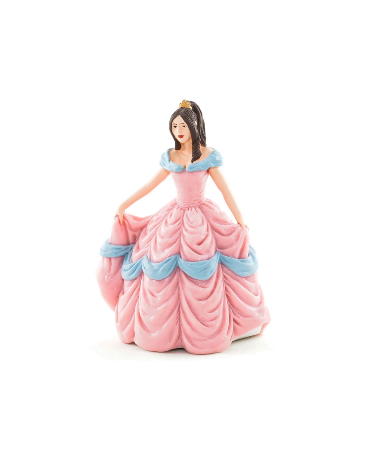 Realistic pink princess figurine with a flowing gown featuring blue accents, detailed facial features, and long dark hair, crafted from durable material.