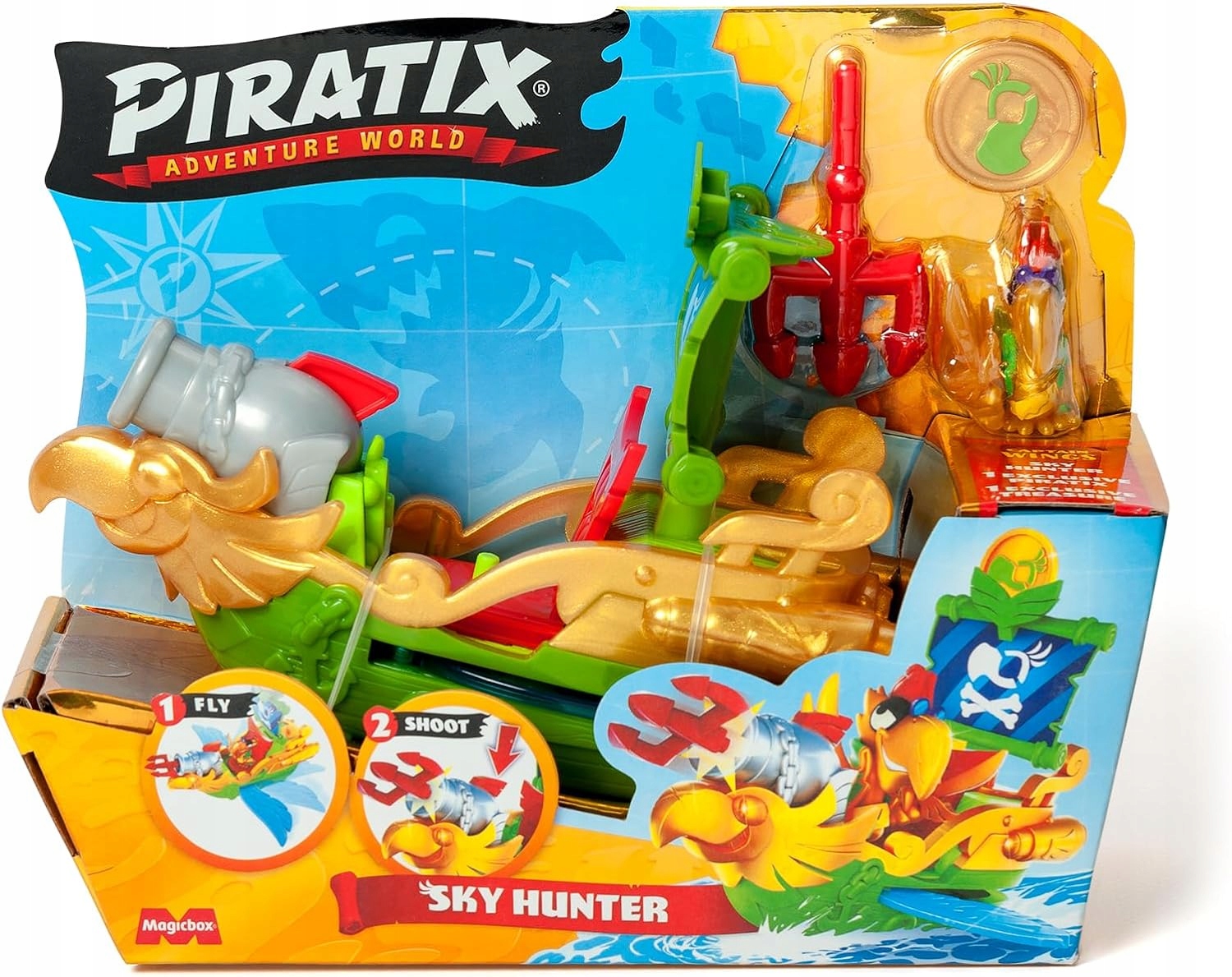 Colorful toy set featuring a golden pirate ship with a bird figure, multiple accessories, and action features, all set against a vibrant blue and orange packaging backdrop.