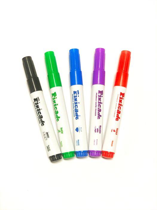 Five colorful markers in black, green, blue, red, and white, each labeled "Pixicade" with a sleek design, ideal for creating mobile game graphics.