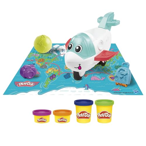 Colorful Play-Doh Airplane Explorer set features a white and teal airplane, four cans of dough in purple, yellow, orange, and green, a map, and a green ball.