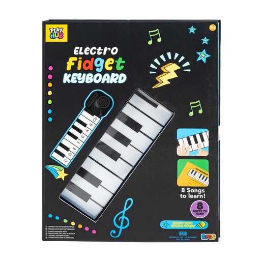 Colorful box featuring the Play Hub Electro Musical Instrument Fidget Toy, showcasing a keyboard design with black and white keys, musical notes, and icons indicating 8 songs to learn.