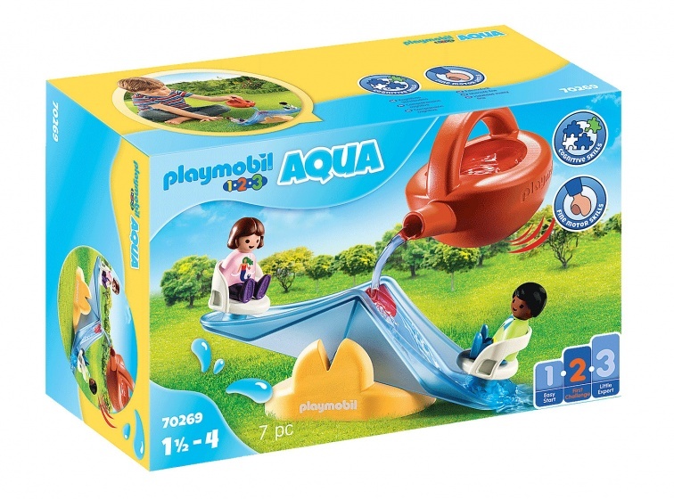 Playmobil AQUA Water Seesaw set features a colorful blue seesaw with two seated figures, a yellow duck, and a red watering can, designed for children 18+ months.