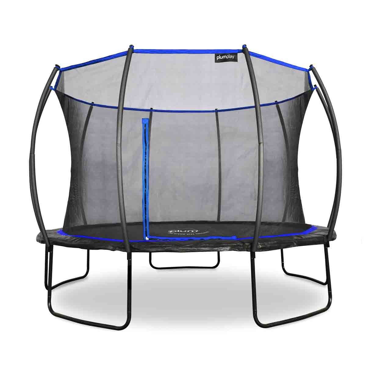 Blue Plum Play 12ft Deluxe Springsafe trampoline with a black jumping surface, sturdy black frame, and a safety enclosure featuring a blue trim and a zippered entrance.