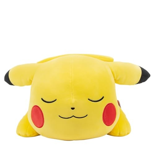 Soft, plush Pikachu toy in bright yellow with closed eyes, red cheeks, and black-tipped ears, designed for cuddling and comfort, measuring 18 inches in length.