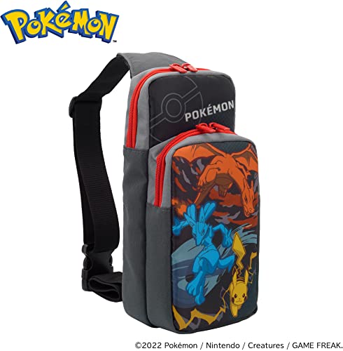 Gray backpack featuring vibrant Pokémon graphics, including Charizard and Pikachu, with red zippers and a Poké Ball design on the back.