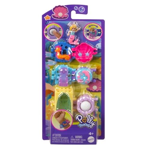 Colorful Polly Pocket bracelets and a mini doll, featuring various designs including a pink shell and a yellow castle, with multiple playful accessories included.